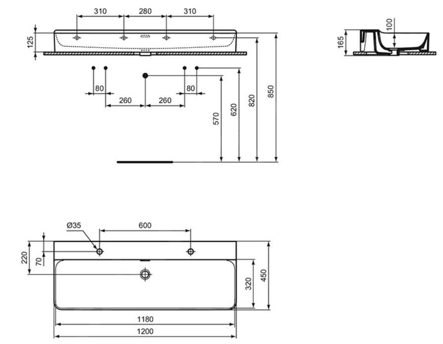 Ideal Standard Conca Ceram - Lavabo Doble Sobre Encimera 1200x450 Mm, Con Rebosadero, Orificios Para Grifo, Blanco T383901 4 Ideal Standard Conca Ceram - Lavabo Doble Sobre Encimera 1200x450 Mm, Con Rebosadero, Orificios Para Grifo, Blanco T383901 - Imagen 2