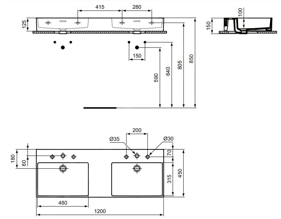 Ideal Standard Extra - Lavabo Doble Sobre Encimera 1200x450 Mm, Con Rebosadero, 3 Orificios Para Grifo, Blanco T391401 4 Ideal Standard Extra - Lavabo Doble Sobre Encimera 1200x450 Mm, Con Rebosadero, 3 Orificios Para Grifo, Blanco T391401 - Imagen 2