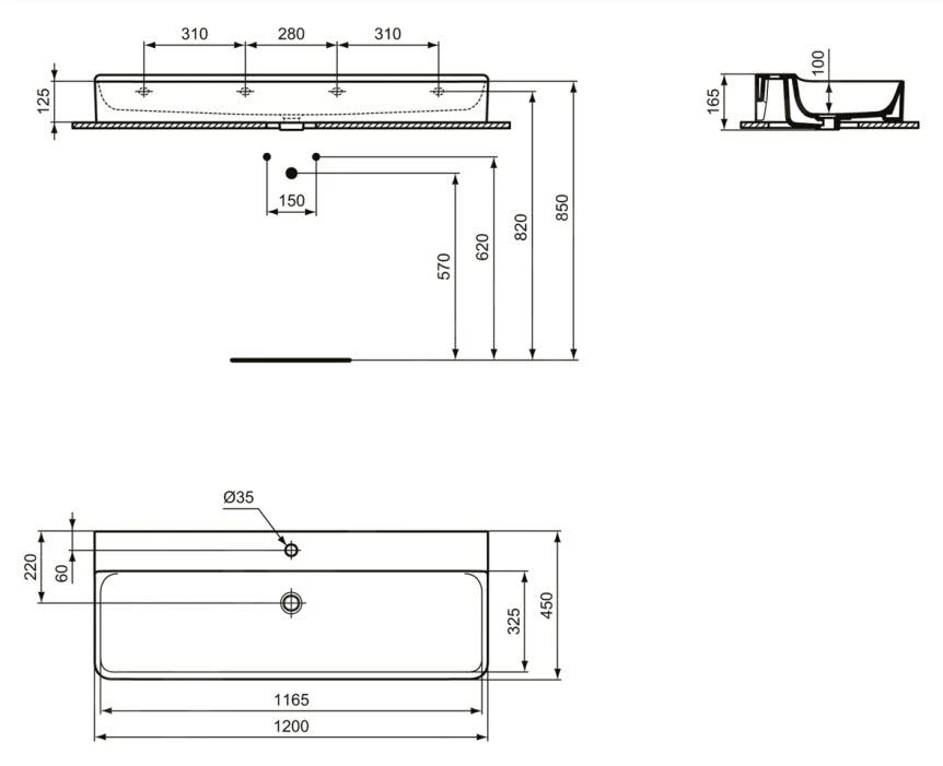 Ideal Standard Conca Ceram - Lavabo Sobre Encimera 1200x450 Mm, Sin Rebosadero, Con Orificio Para Grifo, Blanco T384201 4 Ideal Standard Conca Ceram - Lavabo Sobre Encimera 1200x450 Mm, Sin Rebosadero, Con Orificio Para Grifo, Blanco T384201 - Imagen 2