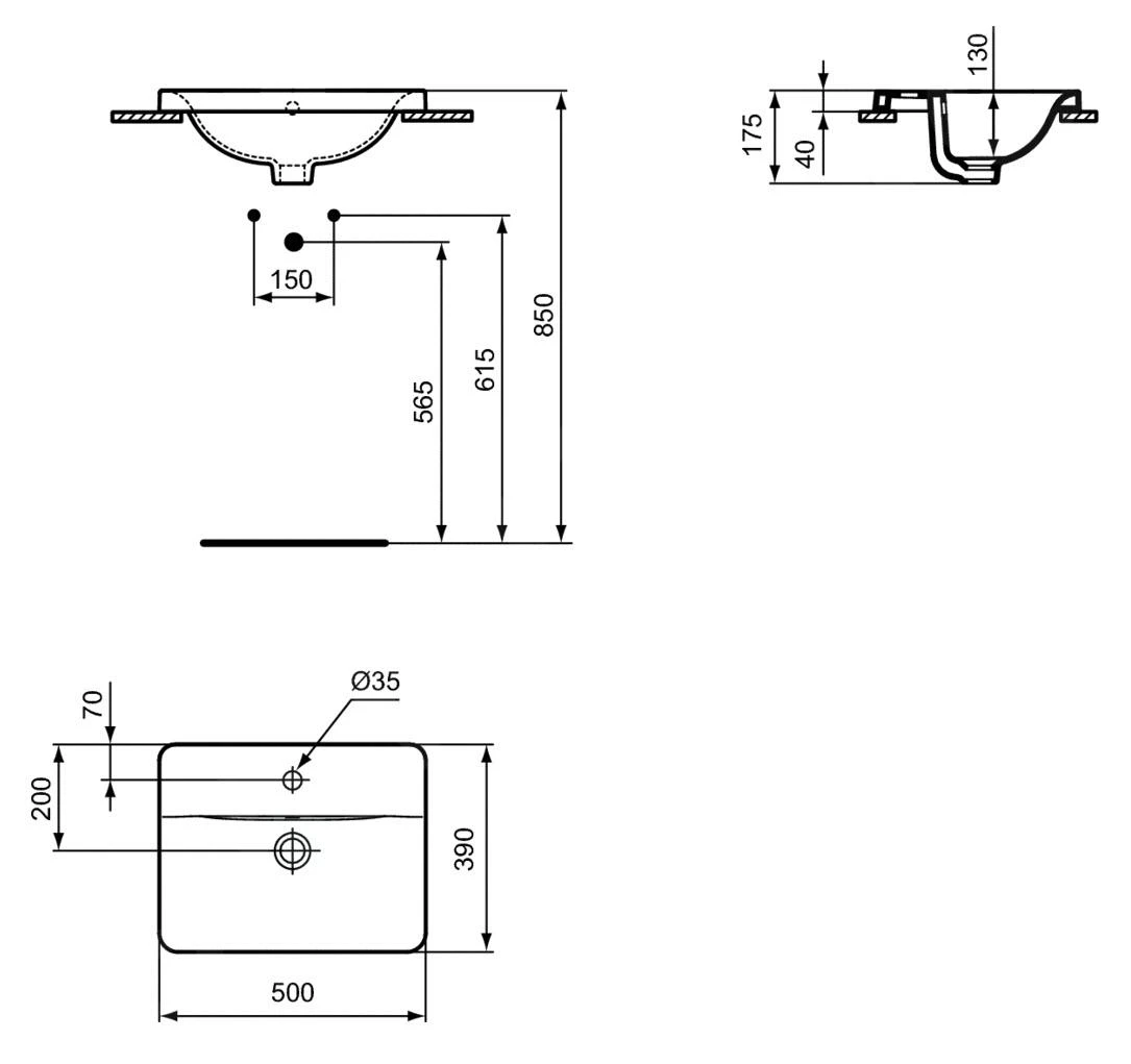 Ideal Standard Connect - Lavabo Encastrado, 500x390 Mm, Con Rebosadero, 1 Orificio Para Grifería, Ideal Plus, Blanco E5043MA 4 Ideal Standard Connect - Lavabo Encastrado, 500x390 Mm, Con Rebosadero, 1 Orificio Para Grifería, Ideal Plus, Blanco E5043MA - Imagen 2